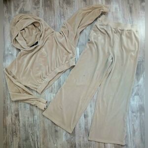 Playboy Women’s Velour Tracksuit Set Hoodie + Pants Beige Bunny Logo Y2K